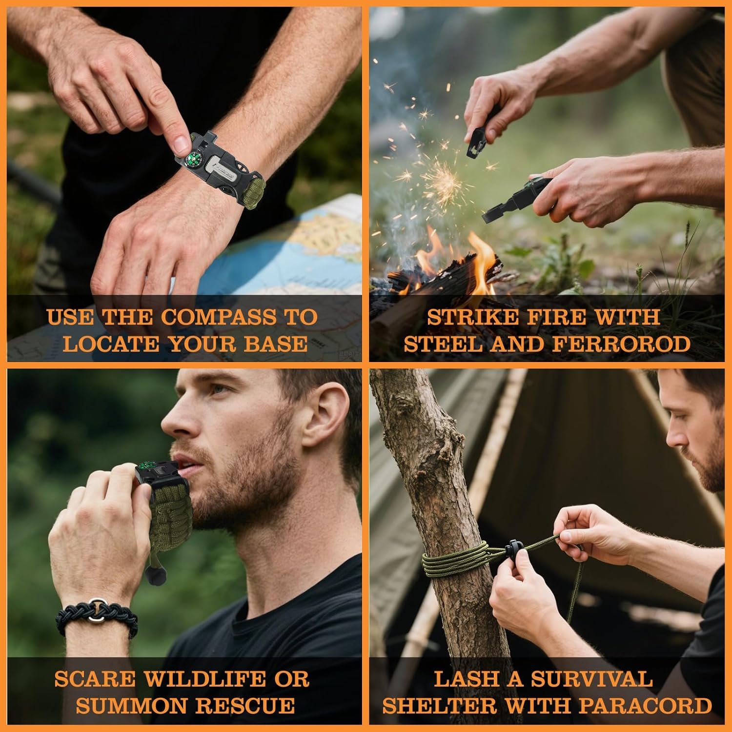 NEW-Vi Survival Paracord Bracelet bracciale paracord 3 pezzi nero con accendifuoco
