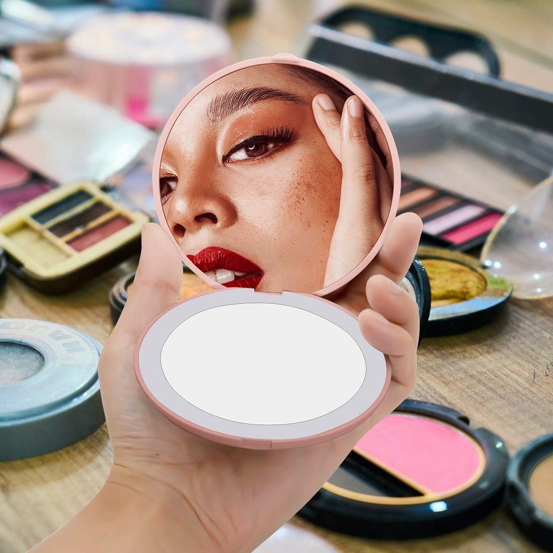 NEW-Vi Beauty Mirror Milishow Rechargeable LED Mirror specchio rosa ricaricabile
