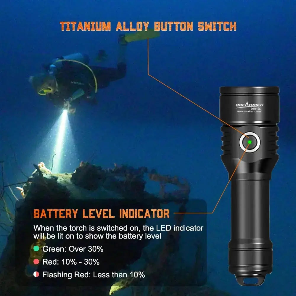 OrcaTorch Recreational Diving GuideBeam MK1 torcia subacquea 1 batteria 3400 mAh, laser verde