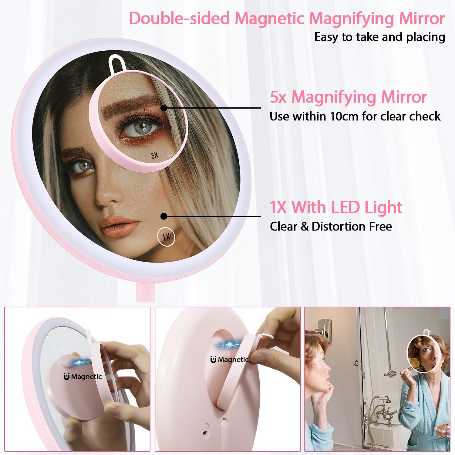 NEW-Vi Beauty Mirror Milishow specchio trucco illuminato 5X, rosa