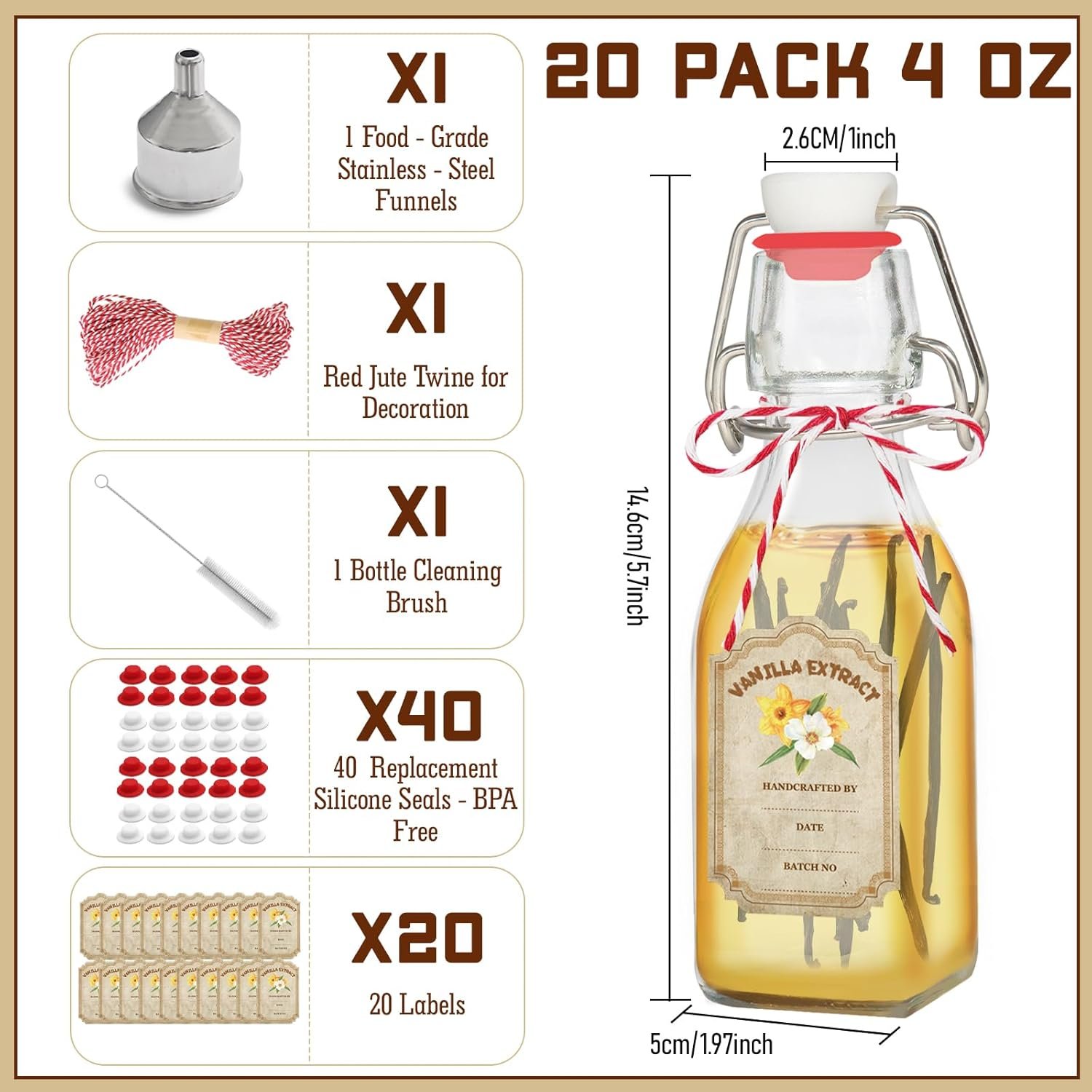 NEW-Vi Glass Bottles bottiglie in vetro 4 oz 20 pezzi con imbuto