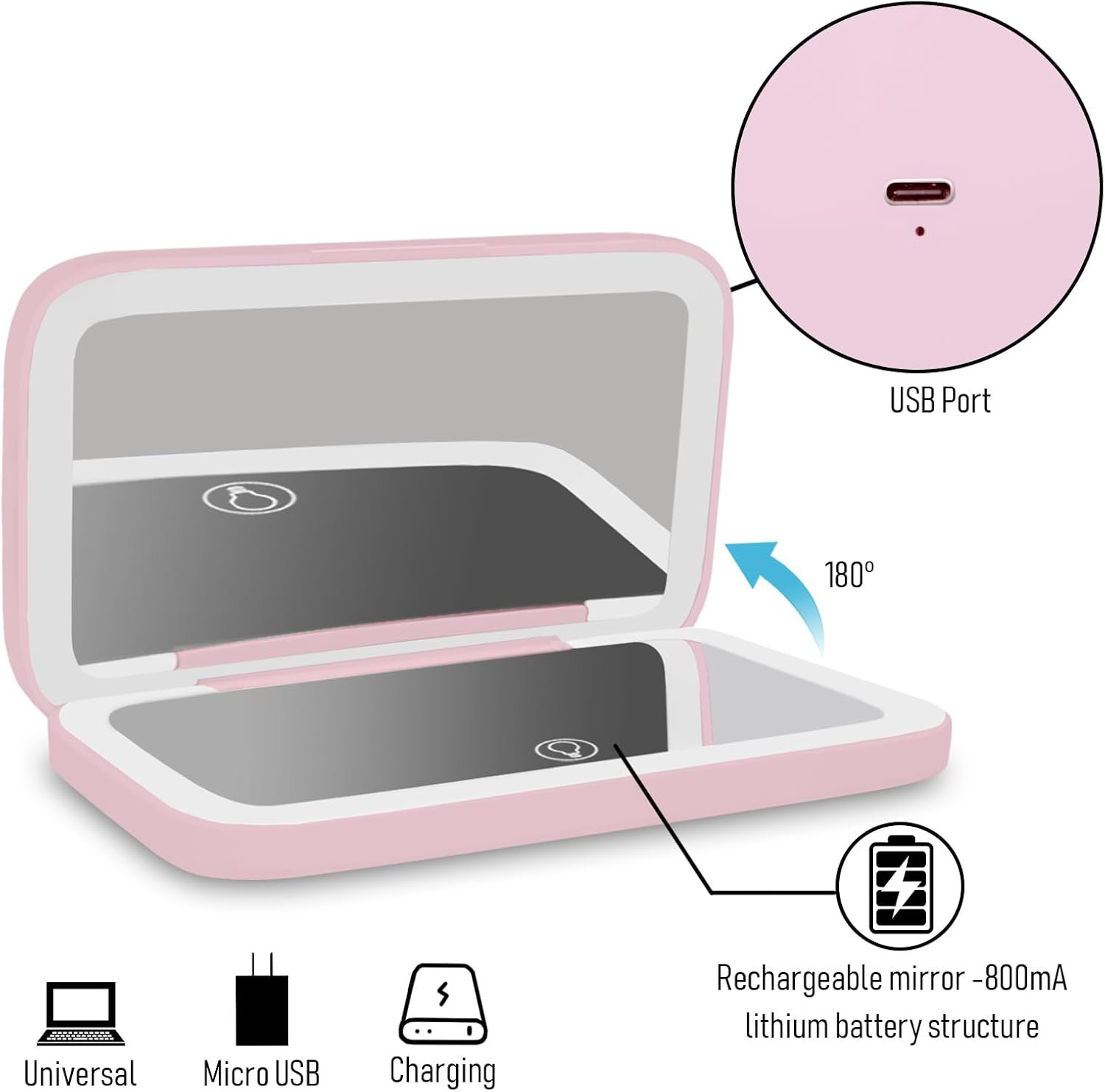 NEW-Vi Beauty Mirror specchio trucco da viaggio rosa 1x/8x LED
