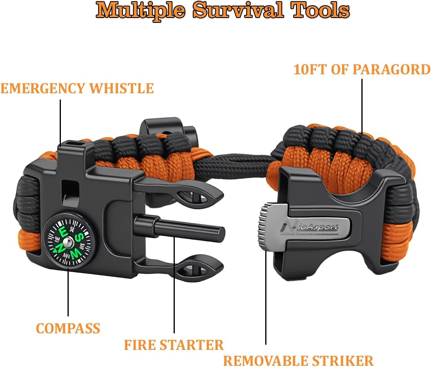 NEW-Vi Survival Paracord Bracelet bracciale sopravvivenza regolabile nero, 3 pezzi