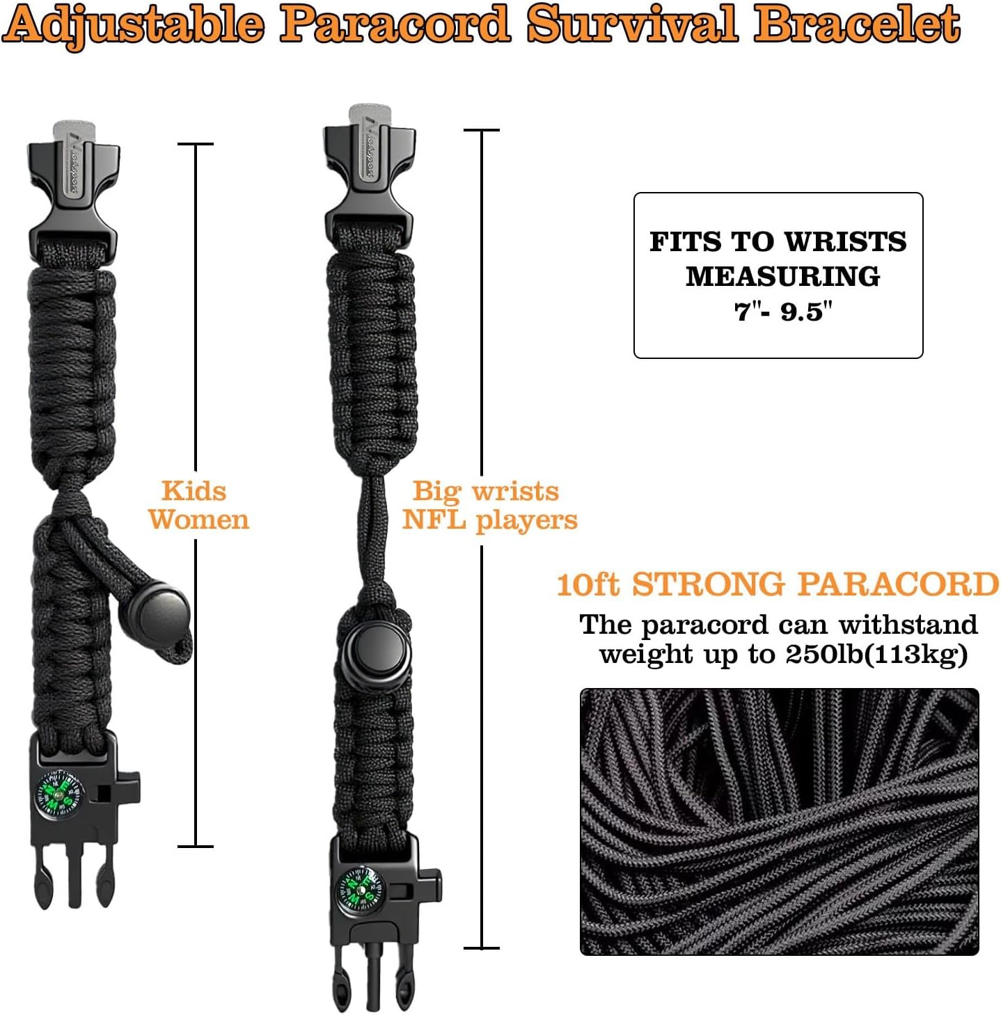 NEW-Vi Survival Paracord Bracelet bracciale di sopravvivenza 3 pezzi nero