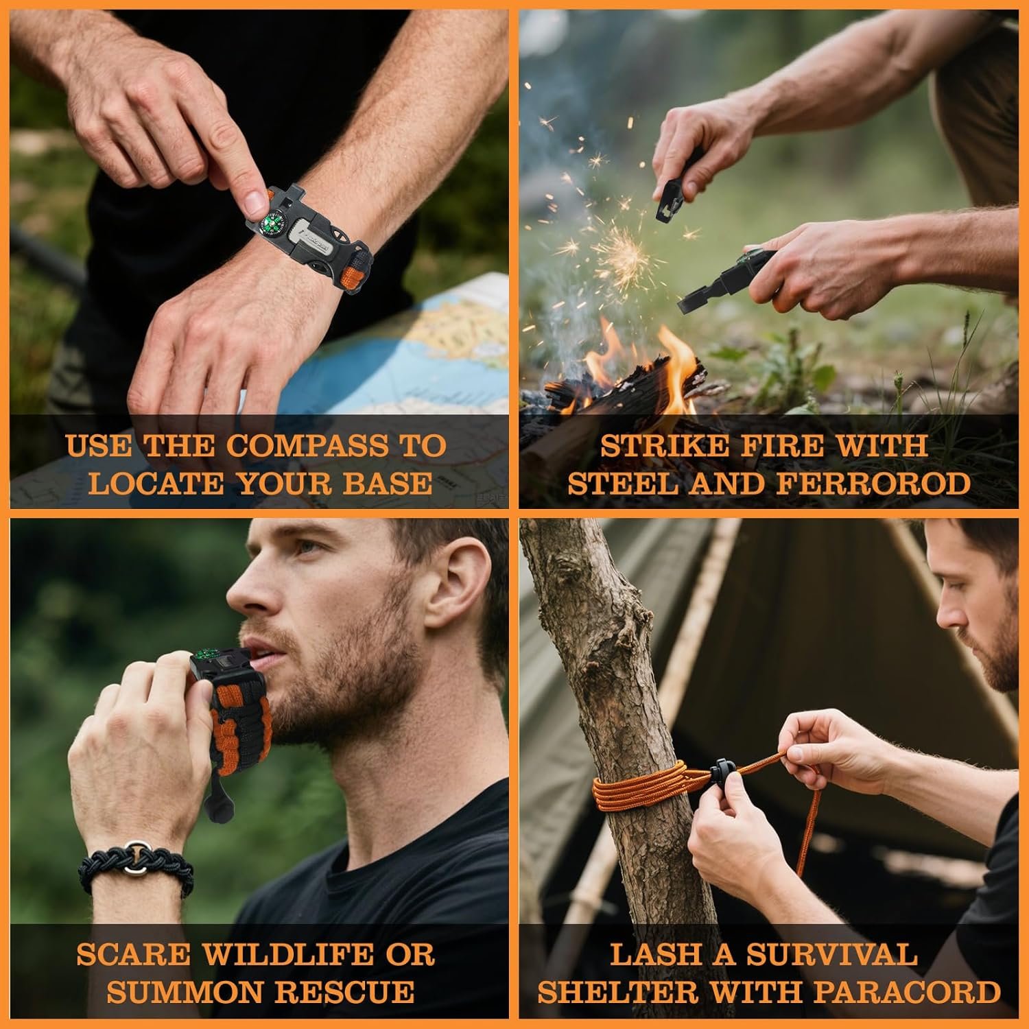 NEW-Vi Survival Paracord Bracelet bracciale sopravvivenza regolabile nero, 3 pezzi