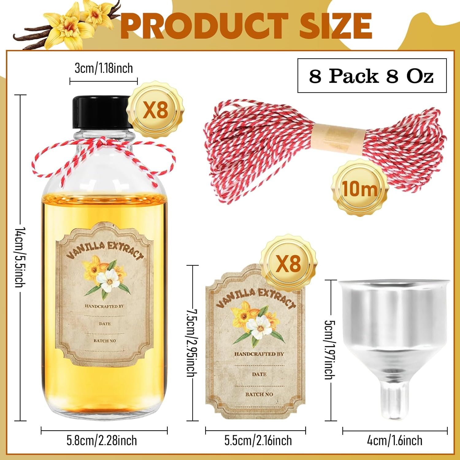 NEW-Vi Glass Bottles bottiglie per estratto di vaniglia 8 oz, 8 pezzi con imbuto