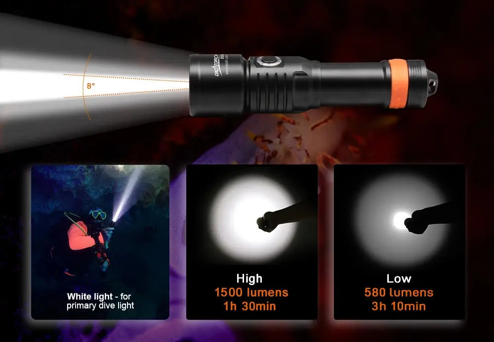 OrcaTorch Recreational Diving D530 torcia subacquea 1500 lumen LED bianco freddo 6500K SOS