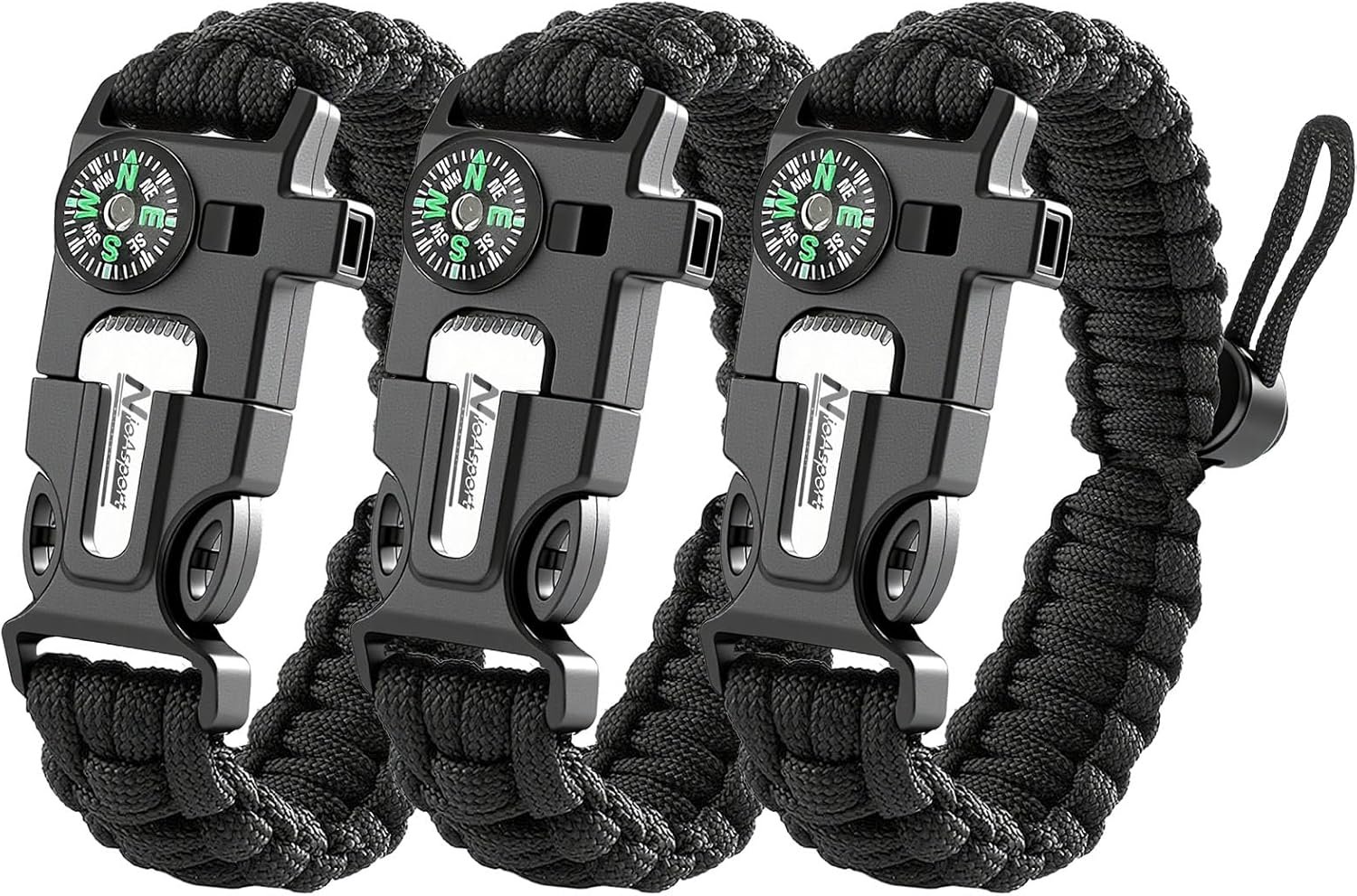NEW-Vi Survival Paracord Bracelet bracciale di sopravvivenza 3 pezzi nero