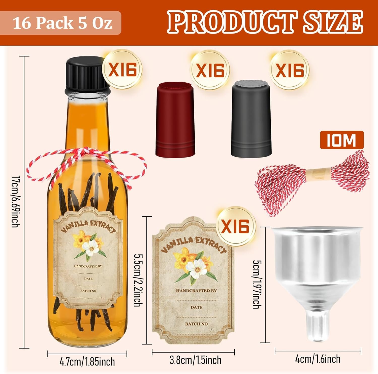 NEW-Vi Glass Bottles 5 oz bottiglie vetro 16 pezzi con imbuto