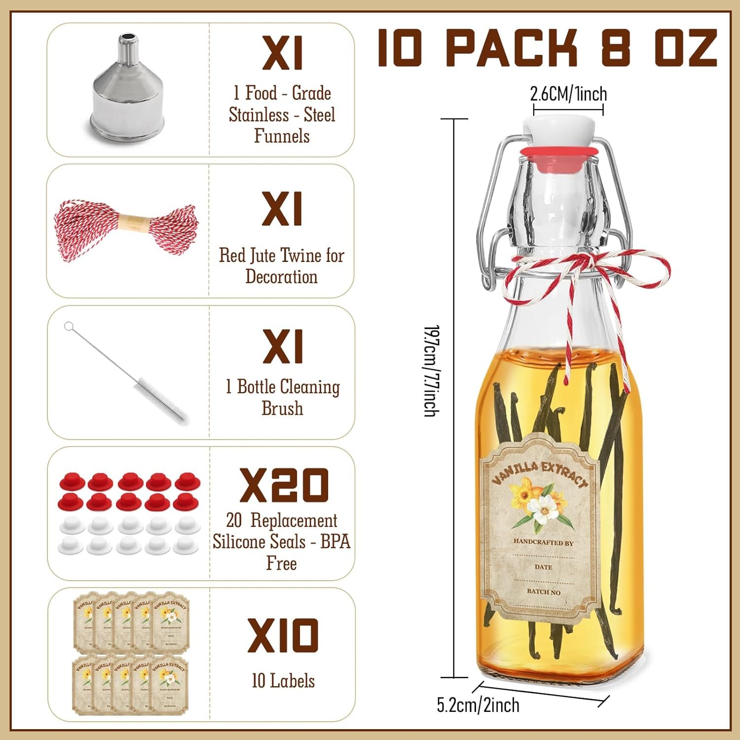 NEW-Vi Glass Bottles 10 Pack Swing Top Glass Vanilla Extract Bottles 8 oz con etichette e imbuto