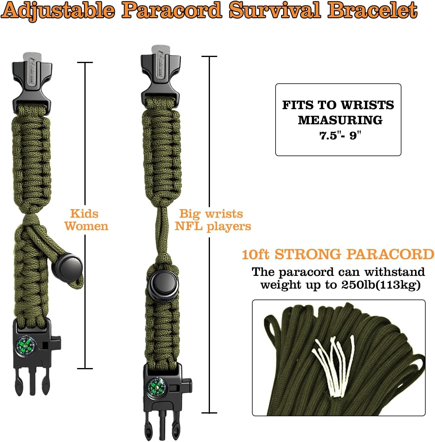 NEW-Vi Survival Paracord Bracelet bracciale paracord 3 pezzi nero con accendifuoco