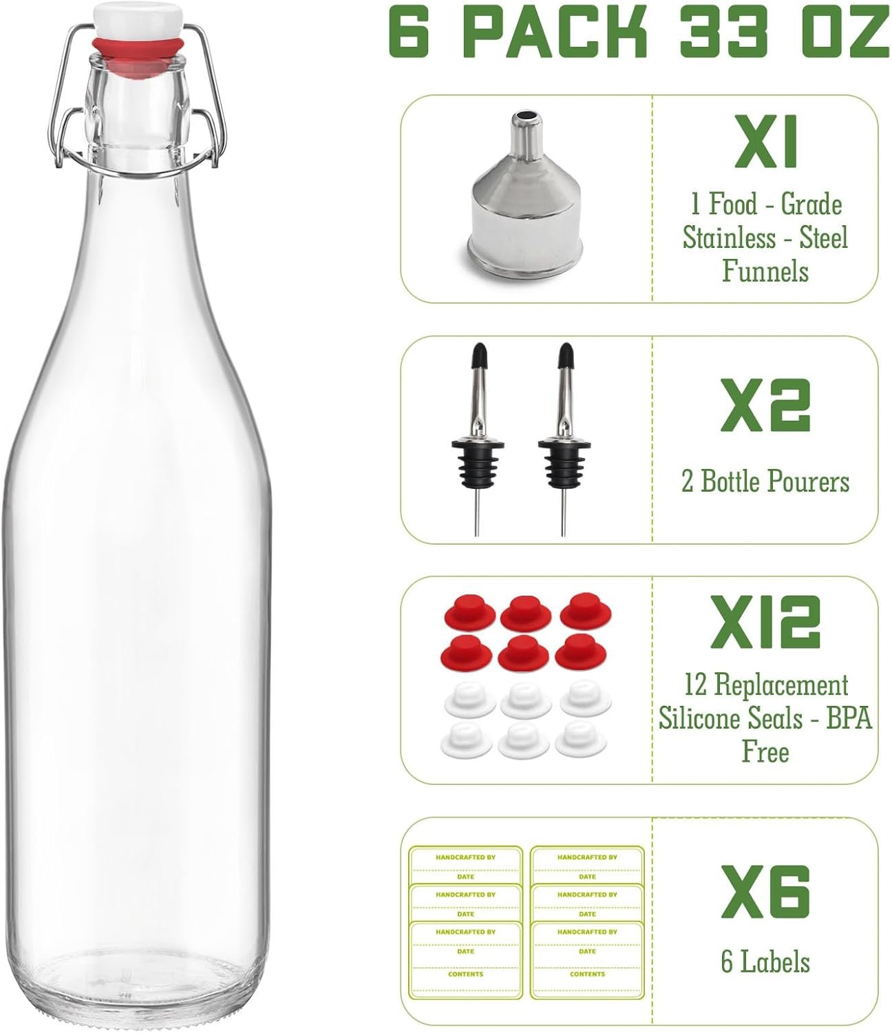NEW-Vi Glass Bottles bottiglie in vetro 1 litro, 6 pezzi