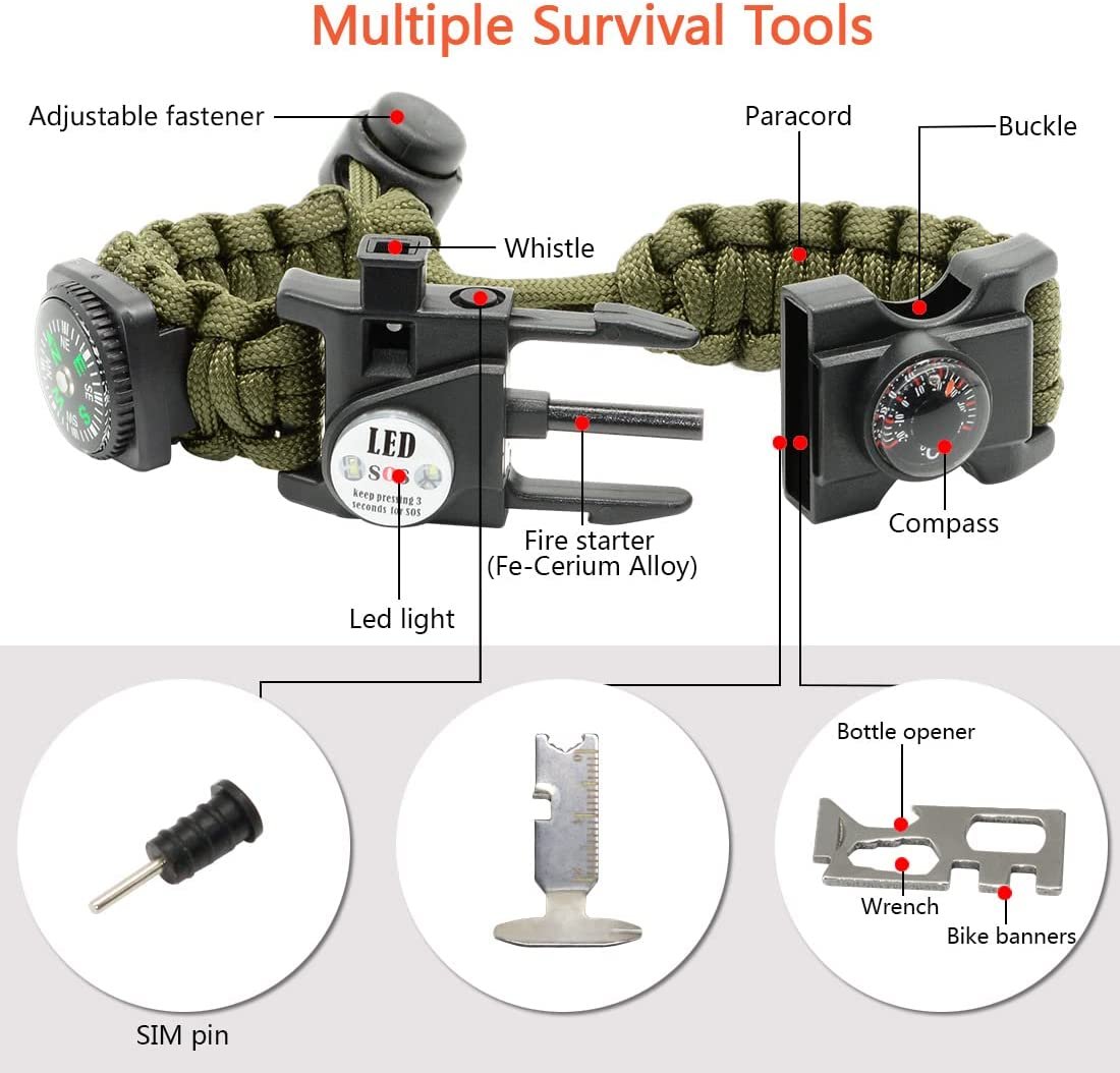 NEW-Vi Survival Paracord Bracelet NVioAsport 20 in 1 verde 3 pezzi