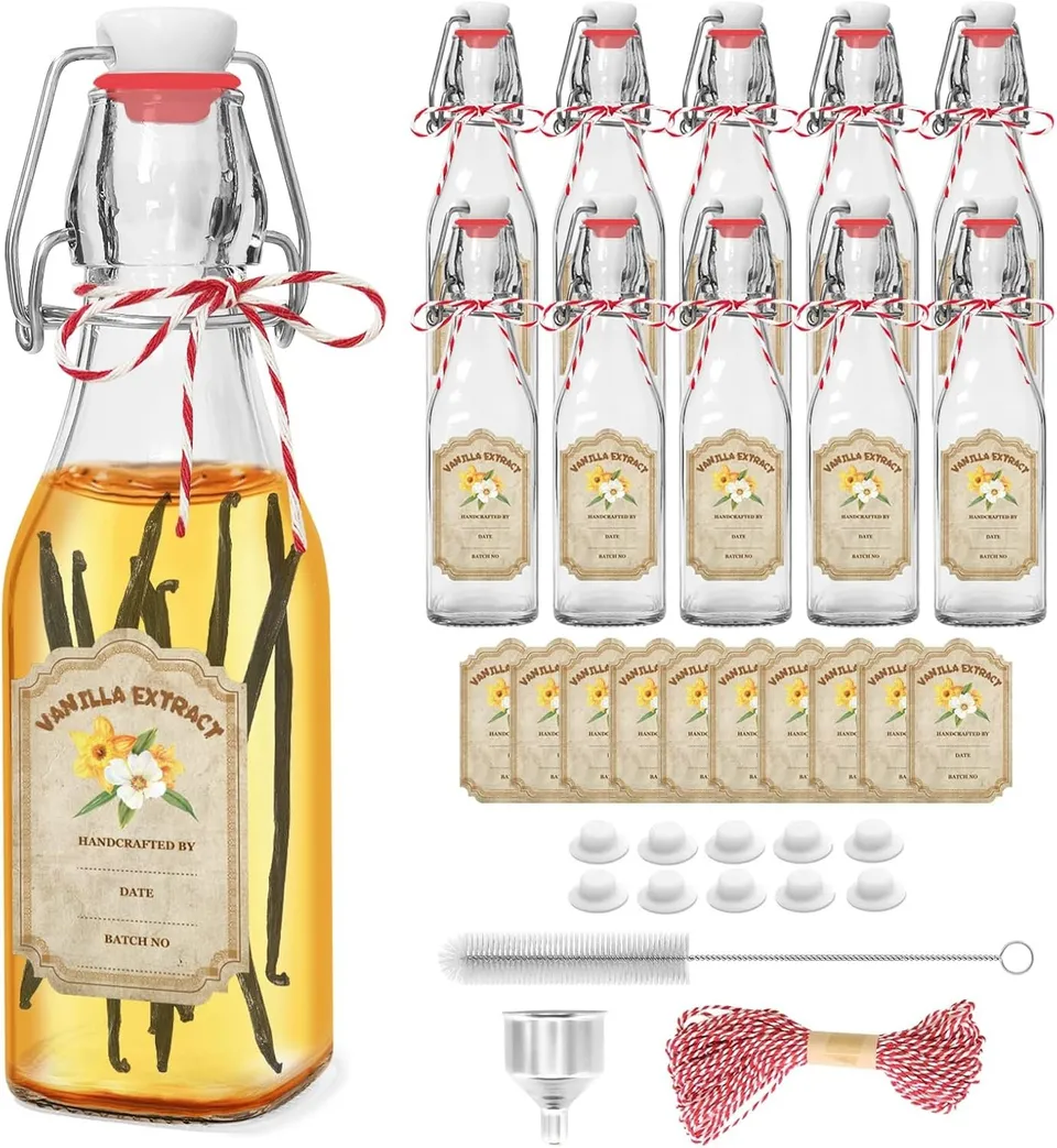 NEW-Vi Glass Bottles 10 Pack Swing Top Glass Vanilla Extract Bottles 8 oz con etichette e imbuto