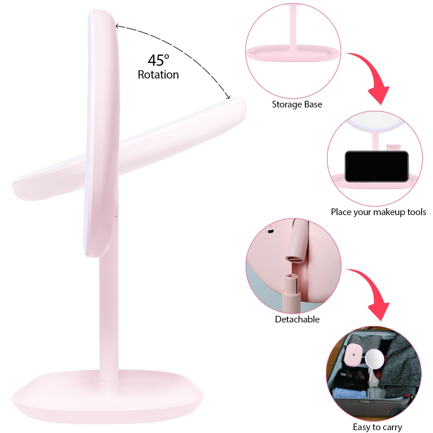 NEW-Vi Beauty Mirror Milishow specchio trucco illuminato 5X, rosa