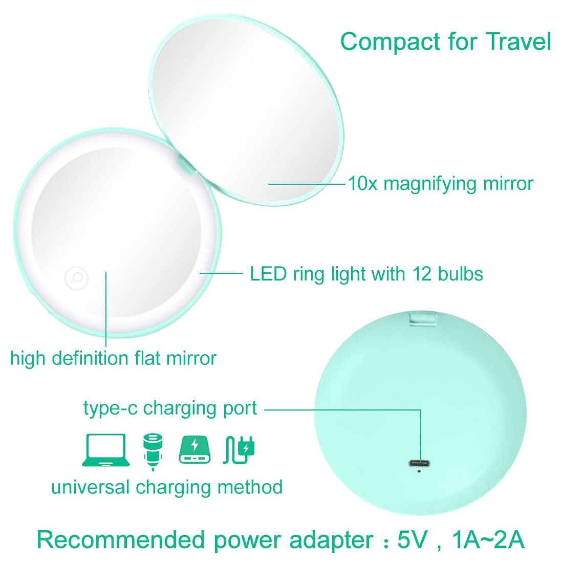 NEW-Vi Beauty Mirror Milishow LED Compact Mirror specchio compatto ciano