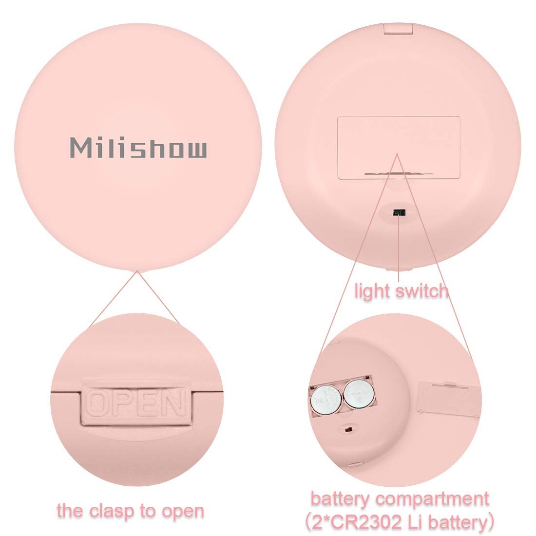 NEW-Vi Beauty Mirror Milishow Rechargeable LED Mirror specchio rosa ricaricabile