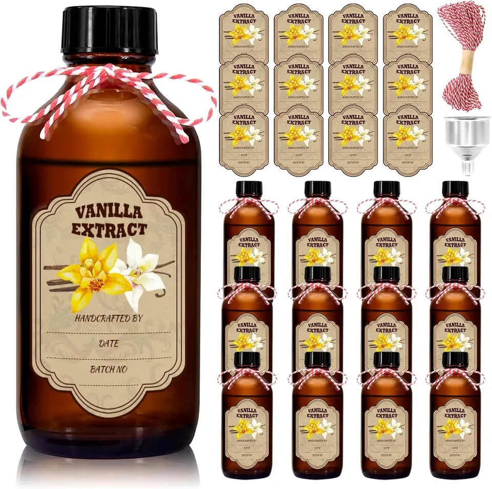 NEW-Vi Glass Bottles 12 Pack Amber Glass Vanilla Extract Bottles 8 oz con etichette e imbuto