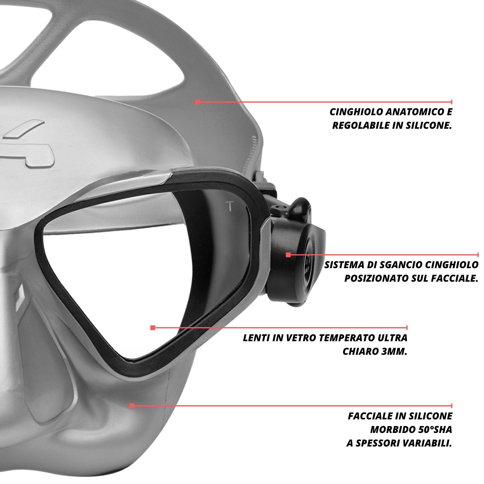 C4 Masks and Snorkels Falcon maschera subacquea apnea Silver antiappannamento volume ridotto