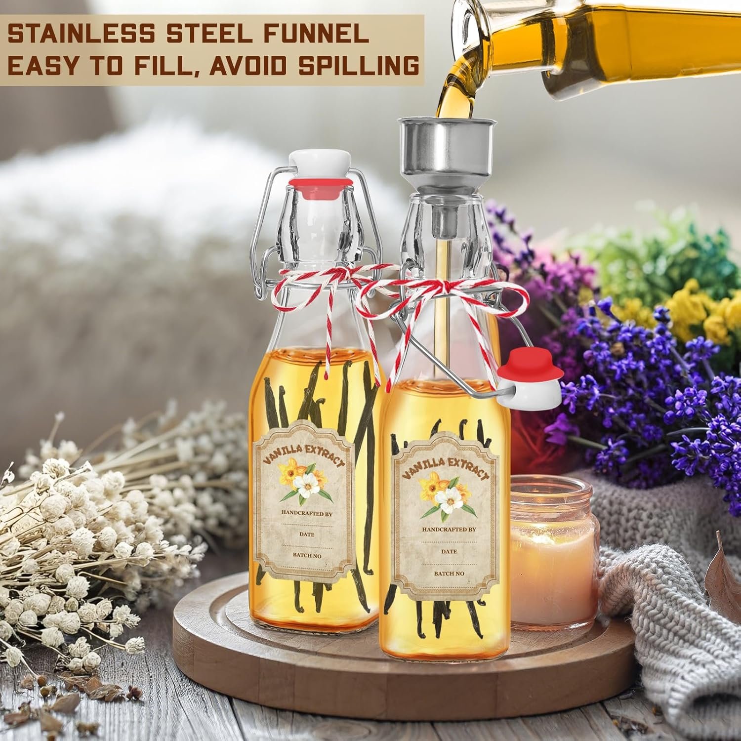 NEW-Vi Glass Bottles 10 Pack Swing Top Glass Vanilla Extract Bottles 8 oz con etichette e imbuto