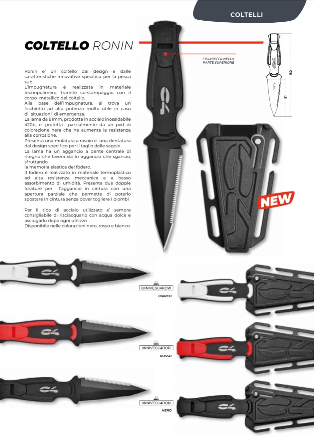 C4 Knives RONIN coltello subacqueo nero, lama 81 mm
