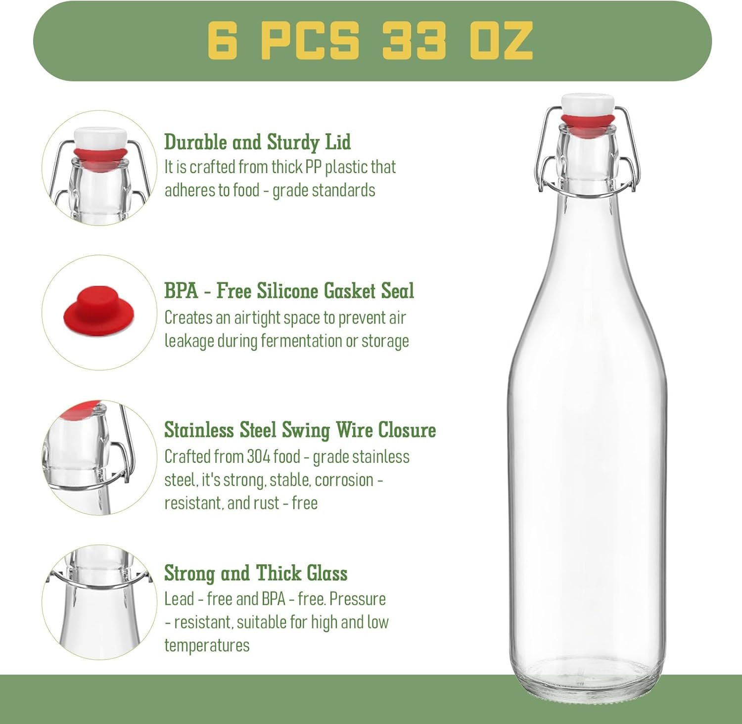 NEW-Vi Glass Bottles bottiglie in vetro 1 litro, 6 pezzi