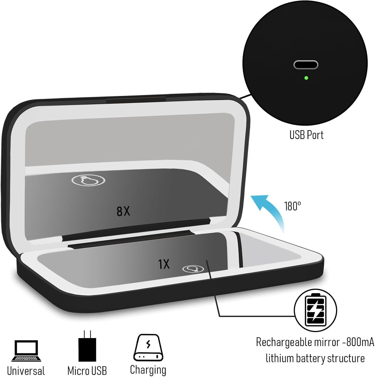 NEW-Vi Beauty Mirror specchio trucco da viaggio nero 1x/8x LED