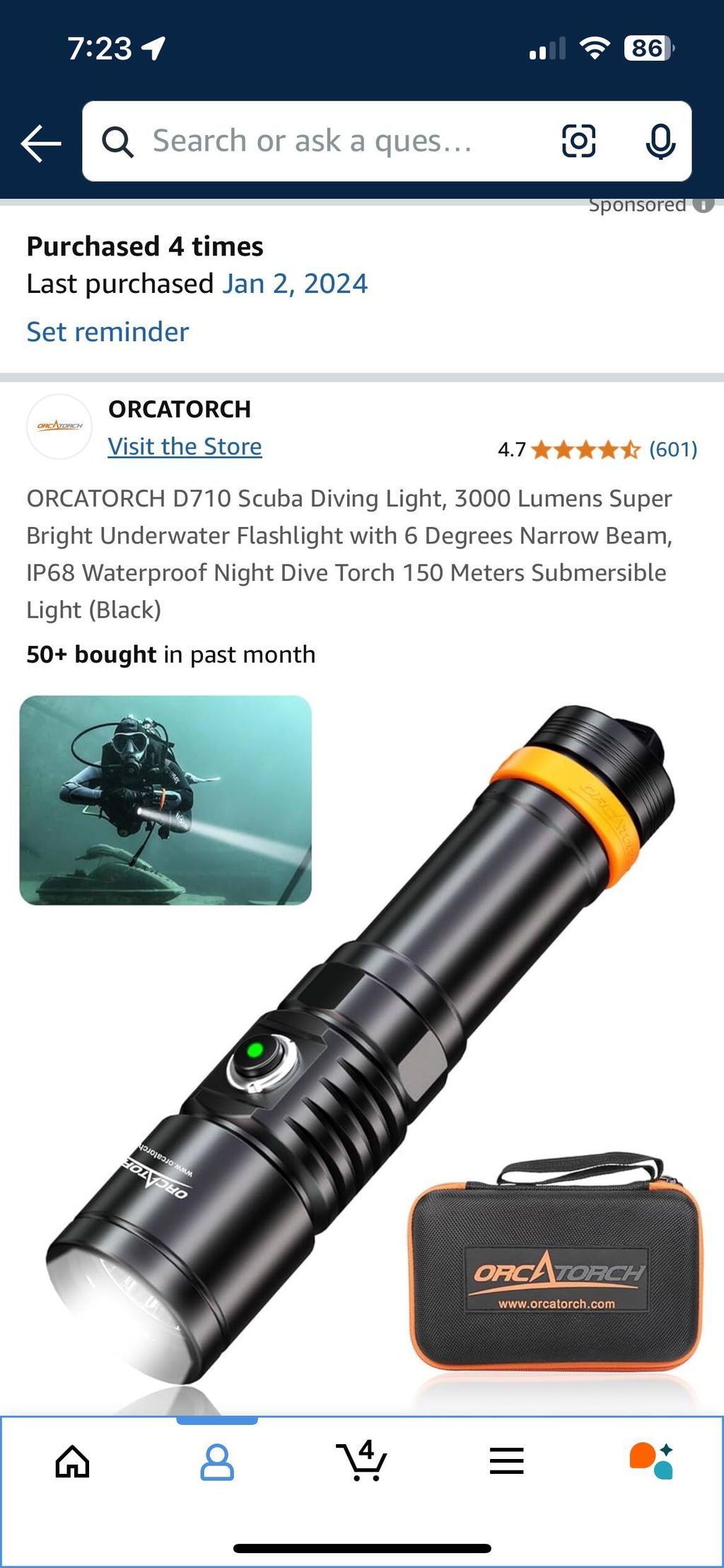 OrcaTorch Recreational Diving D710 torcia subacquea 3000 lumen nera 1 batteria