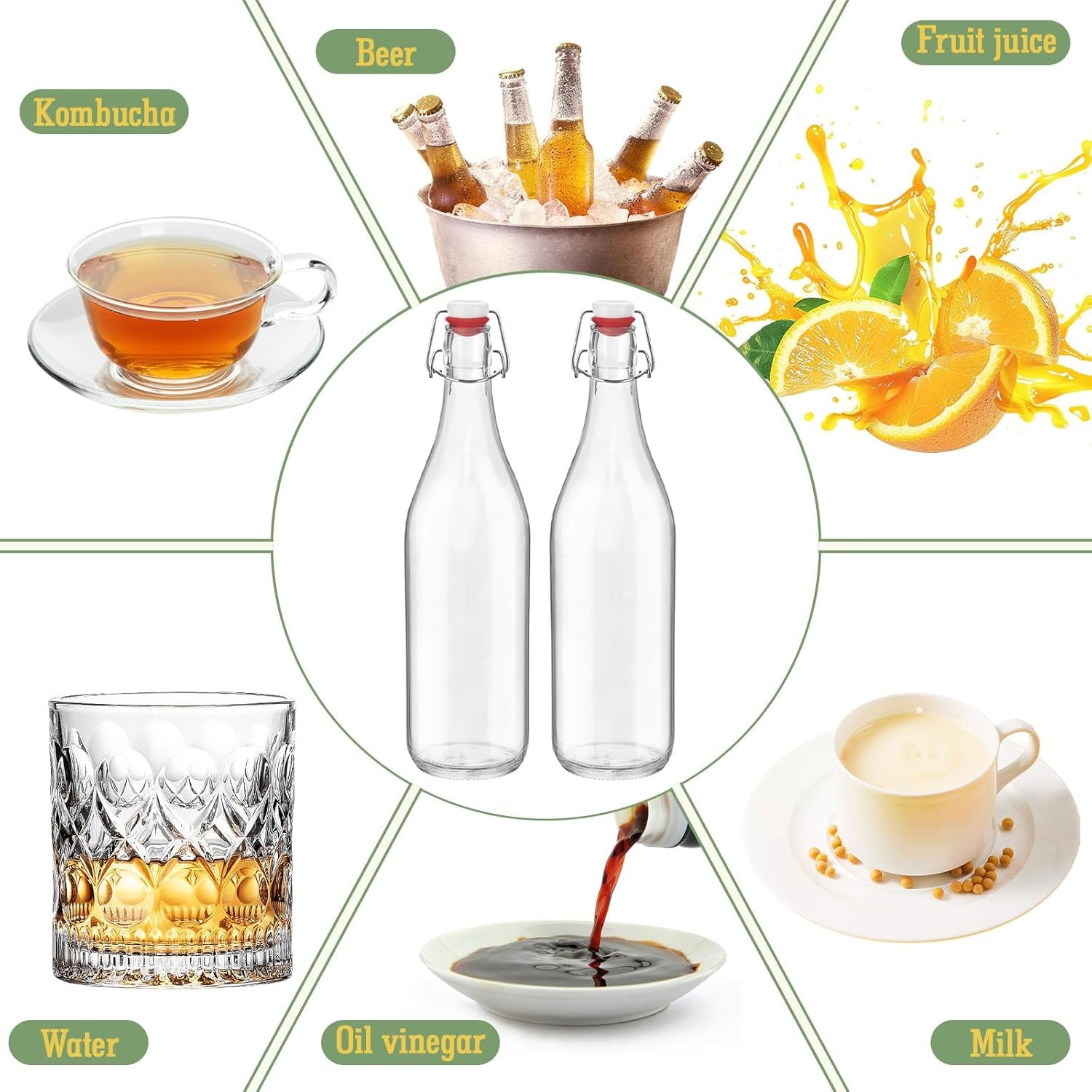 NEW-Vi Glass Bottles bottiglie in vetro 1 litro, 6 pezzi