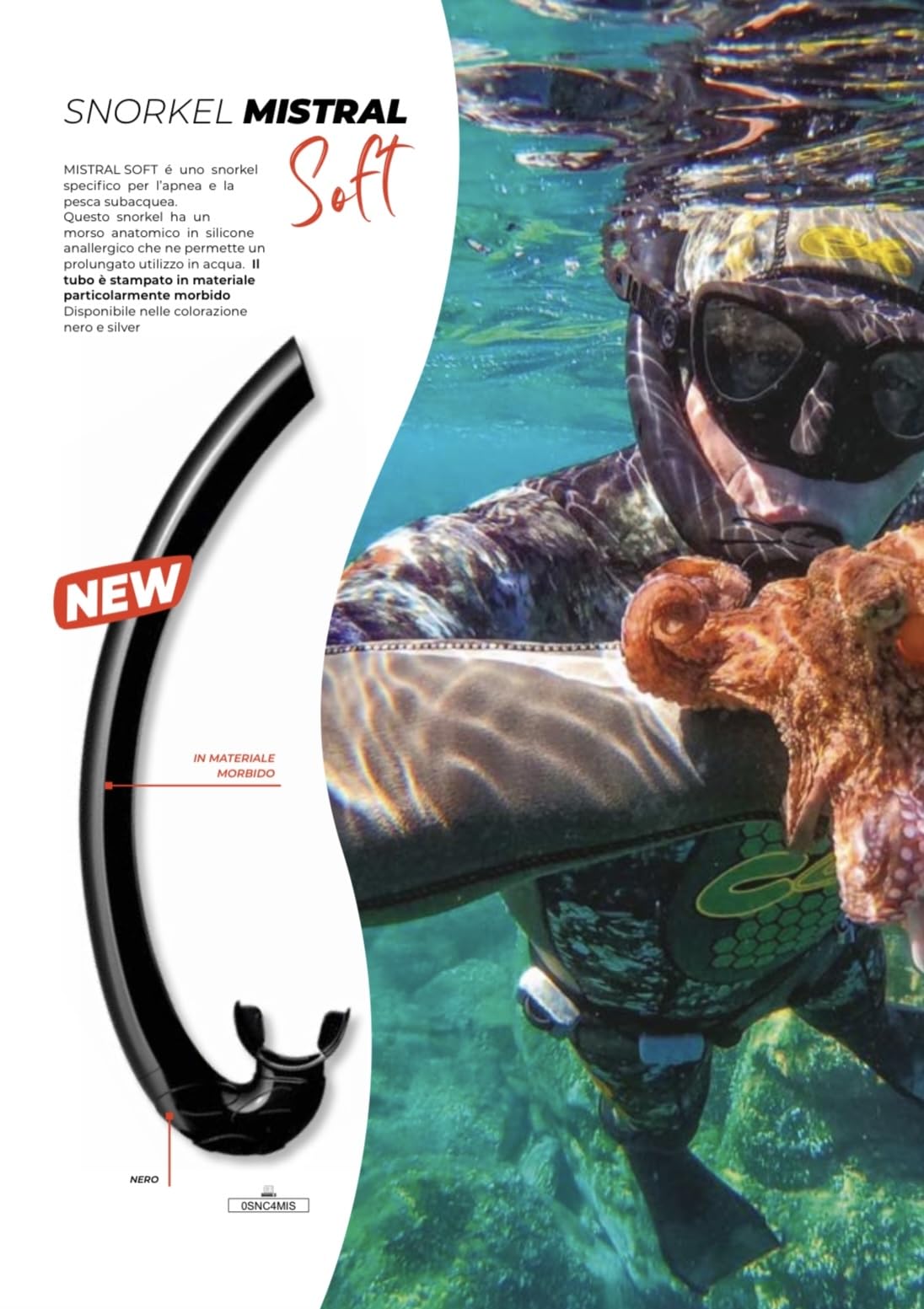 C4 Mistral Soft snorkel nero per apnea e pesca subacquea