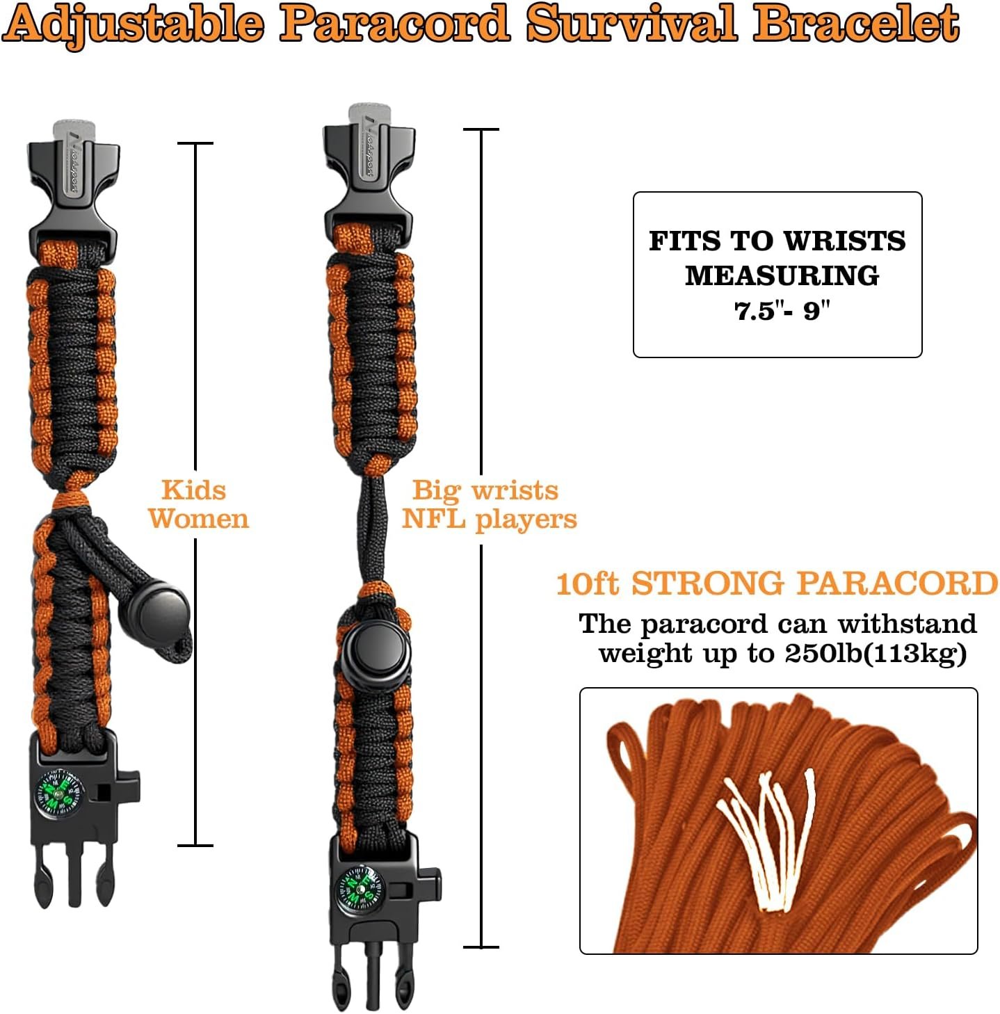 NEW-Vi Survival Paracord Bracelet bracciale sopravvivenza regolabile nero, 3 pezzi