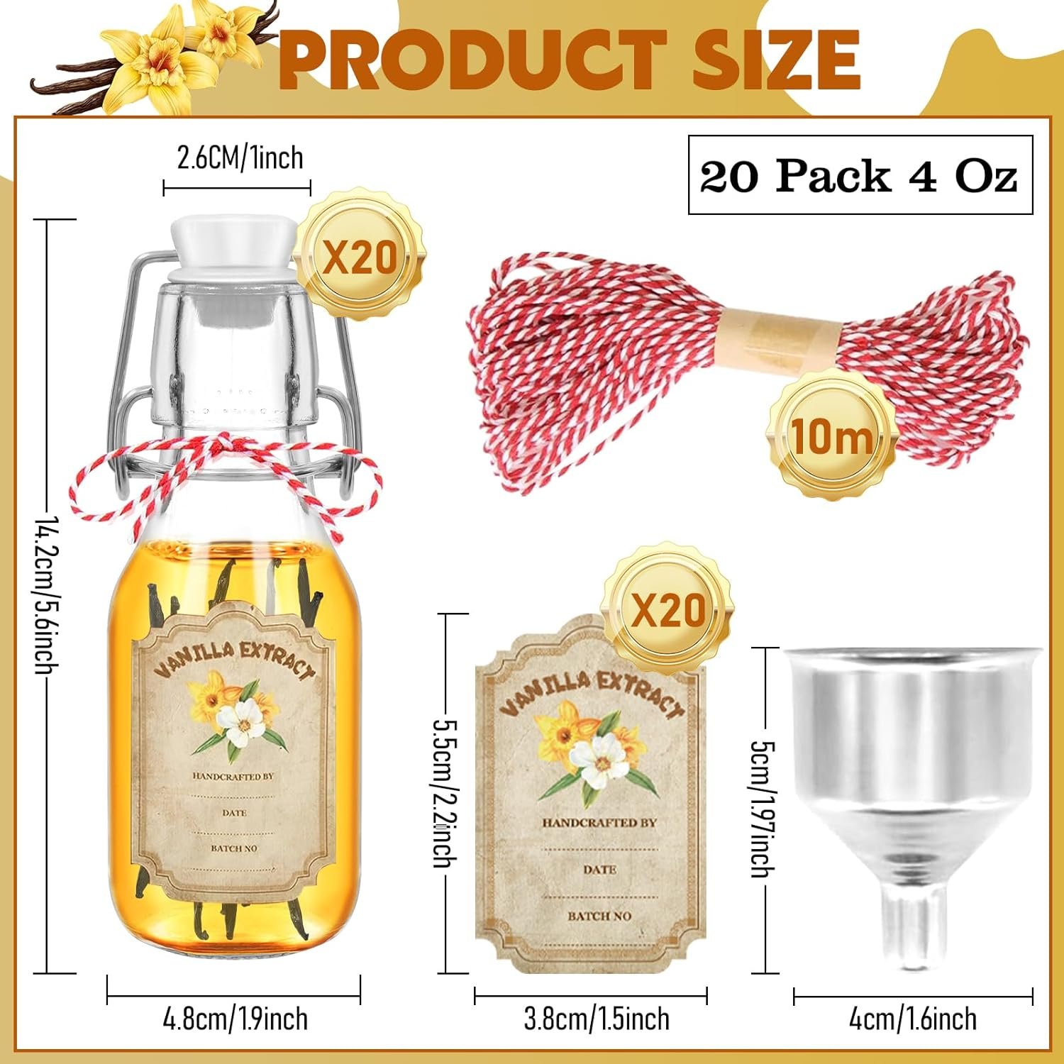 NEW-Vi Glass Bottles 20 Pack Swing Top Glass Vanilla Extract Bottles 4 oz con imbuto